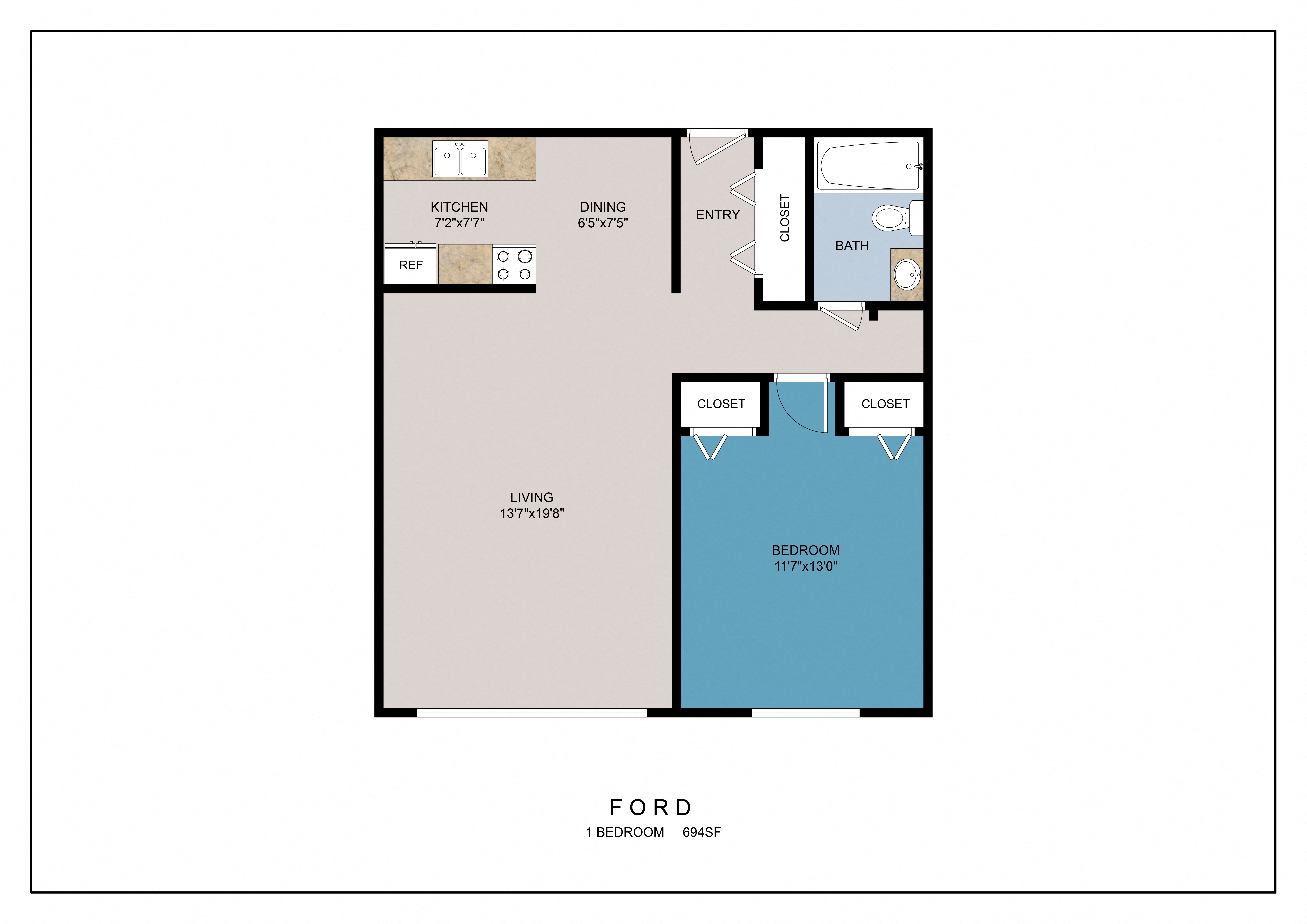 Floor plan for 1 bed, 1 bath, 700 sqft